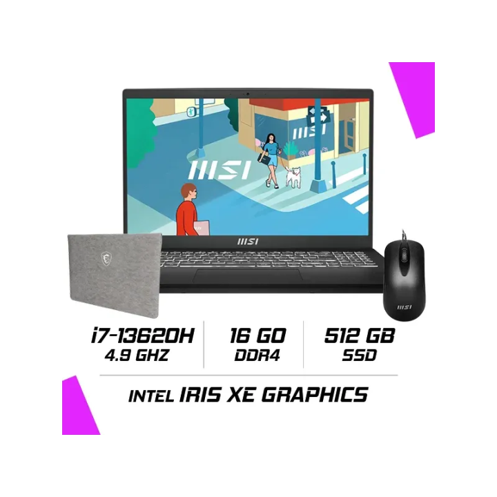 MSI MODERN 15 H C13M-297MA Intel i7-13620H/16GB DDR4/512GB SSD/15.6" FHD IPS/Win11 - Noir Classic + BAG + Souris